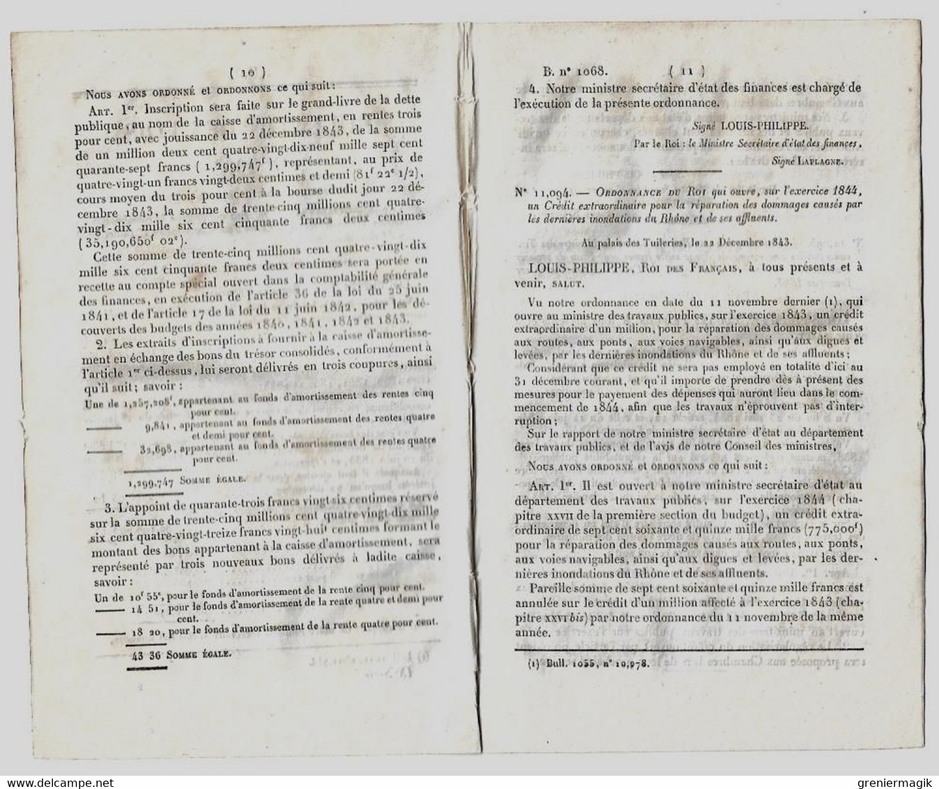 Bulletin Des Lois 1068 1844 Inondations Du Rhône/Route Buzançais/Saint-Andéol/Louvie-Juzon/Digue à Roanne/Le Mans - Decrees & Laws