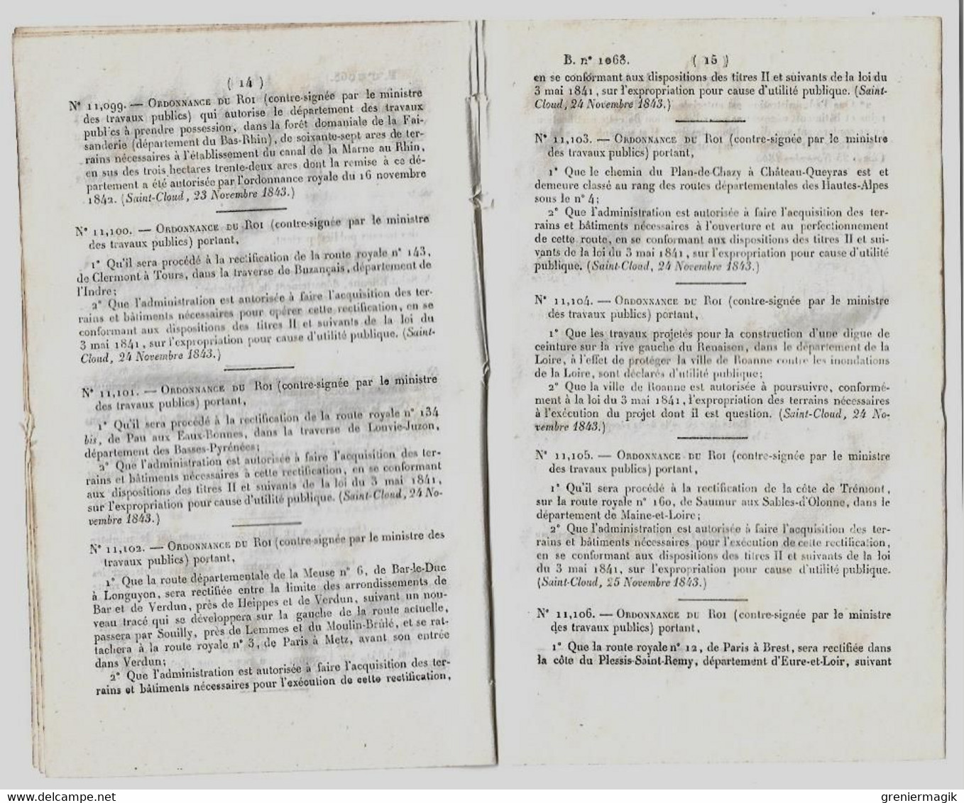 Bulletin Des Lois 1068 1844 Inondations Du Rhône/Route Buzançais/Saint-Andéol/Louvie-Juzon/Digue à Roanne/Le Mans - Decrees & Laws