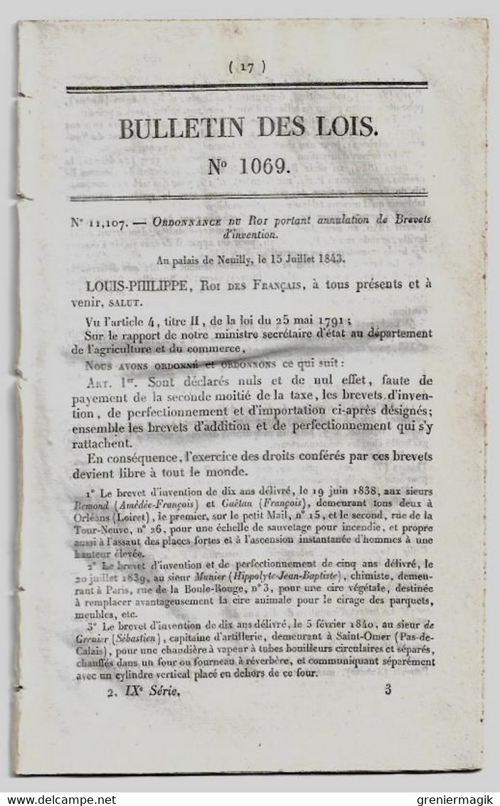 Bulletin Des Lois 1069 1844 Annulation Brevets D'invention/Route Royale N°57 Vesoul/Saint-Servan/Lorient/Chemin De Fer - Décrets & Lois