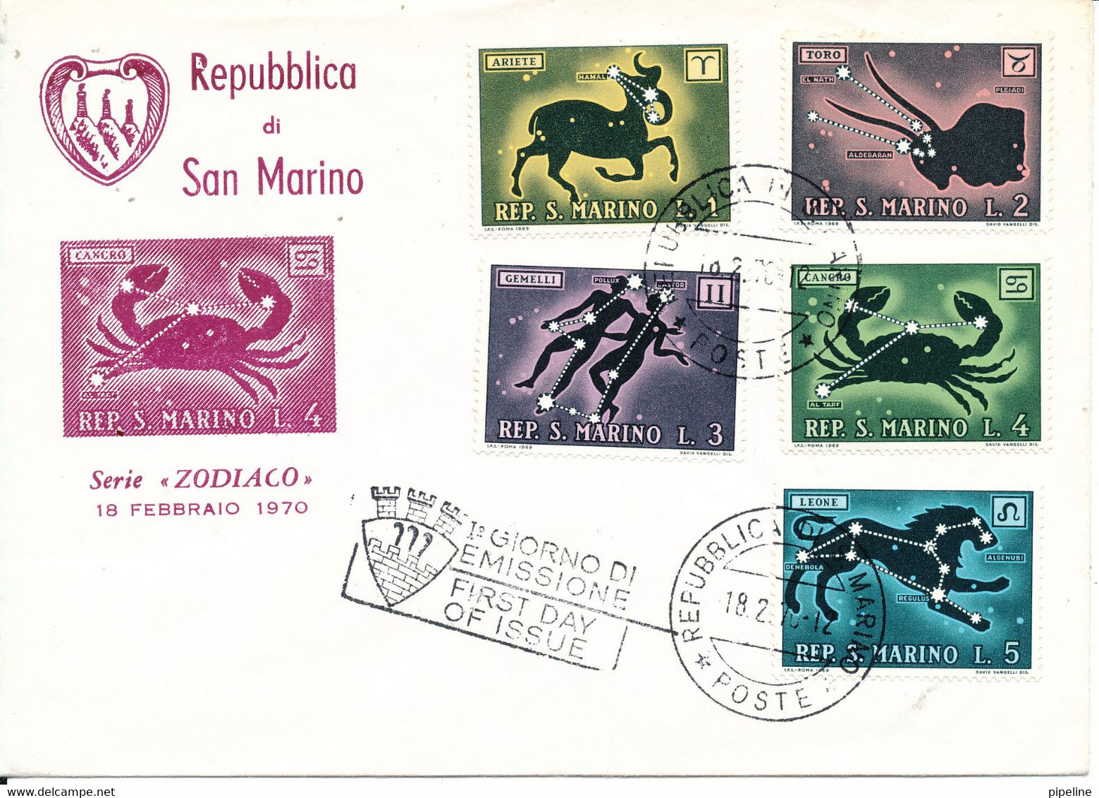 San Marino FDC 18-2-1970 Zodiaco (not Complete) With Cachet - FDC