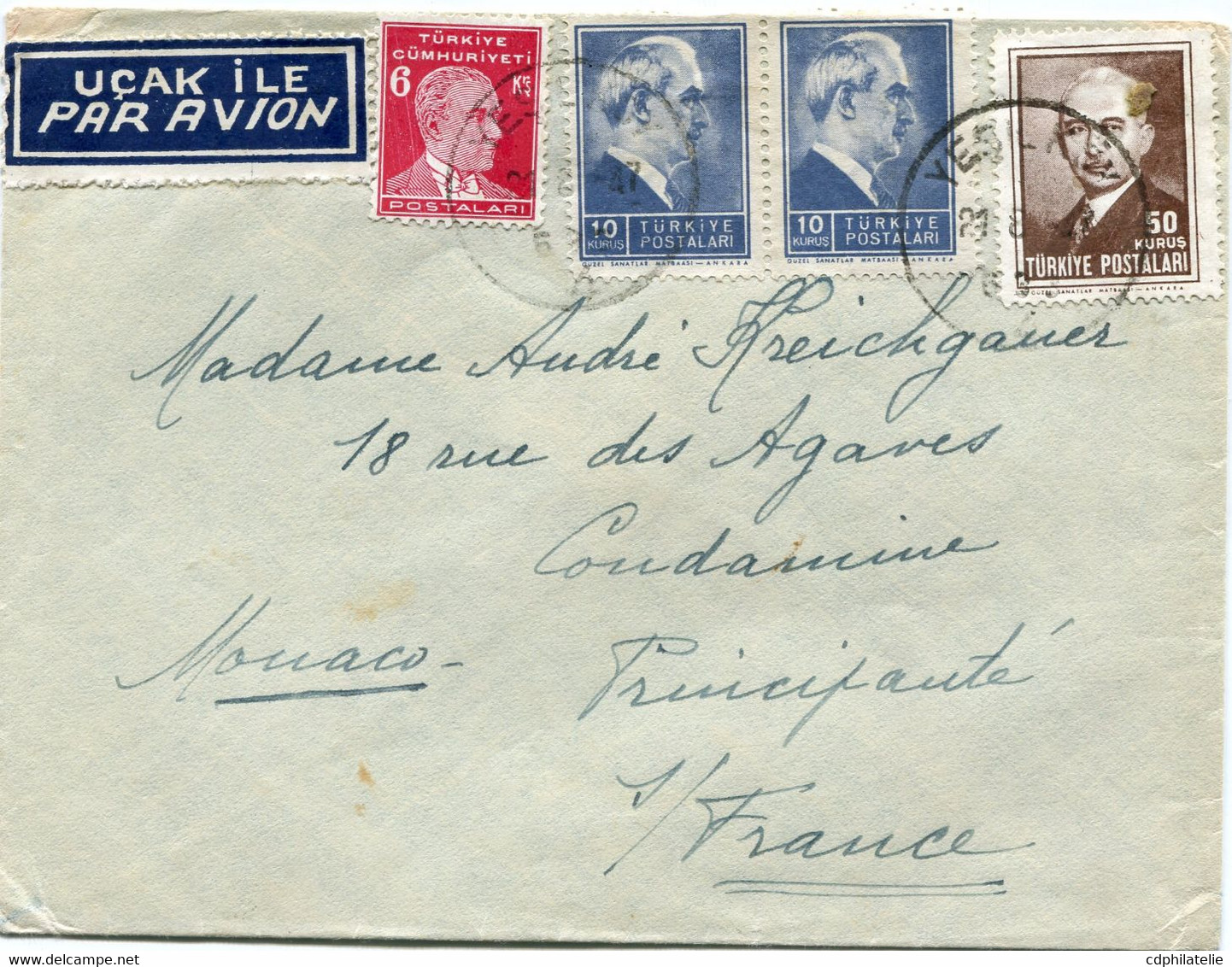 TURQUIE LETTRE PAR AVION DEPART YESILKOY 21-8-47 POUR MONACO - Covers & Documents