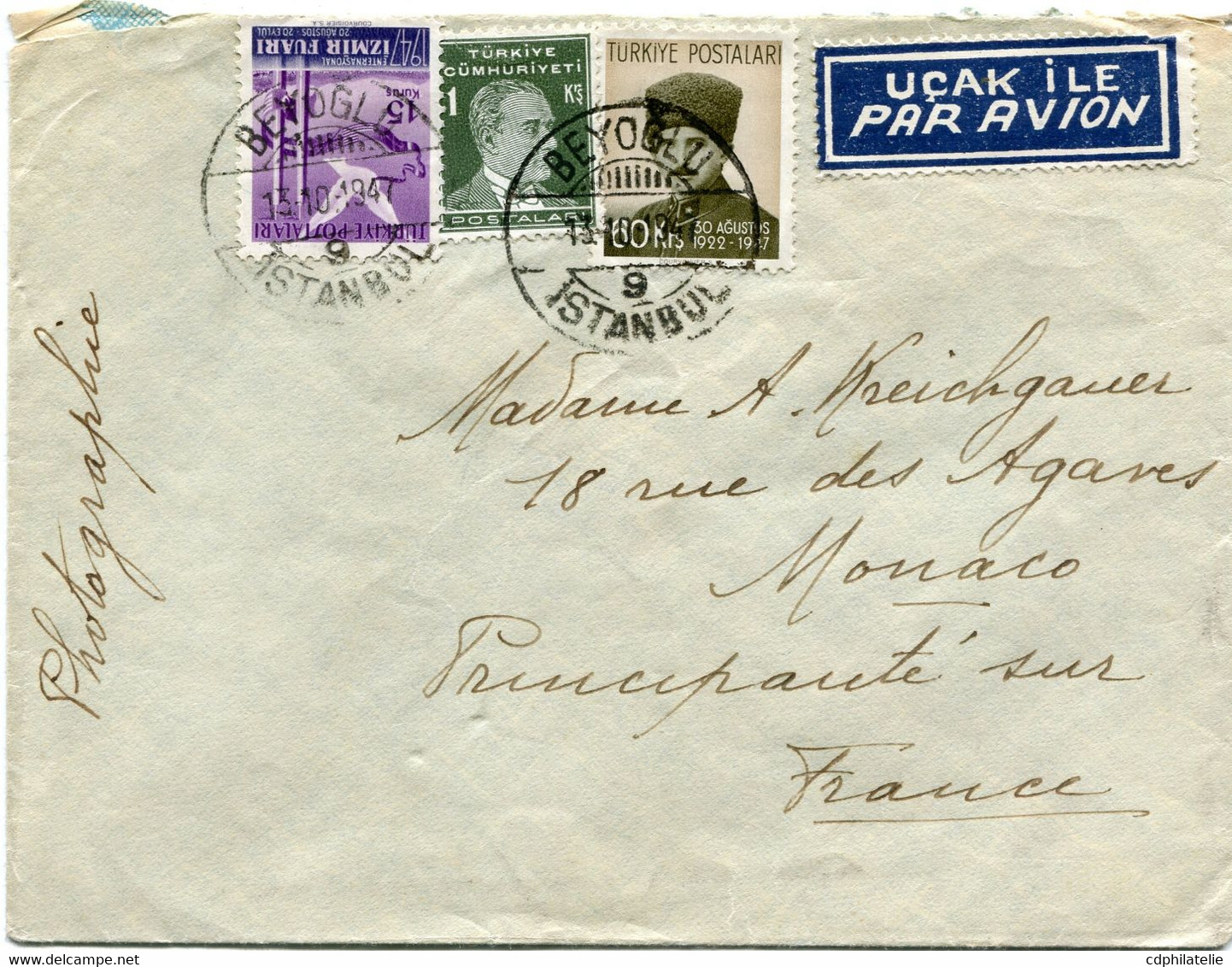 TURQUIE LETTRE PAR AVION DEPART BEYOGLU 13-10-1947 ISTAMBUL POUR MONACO - Covers & Documents