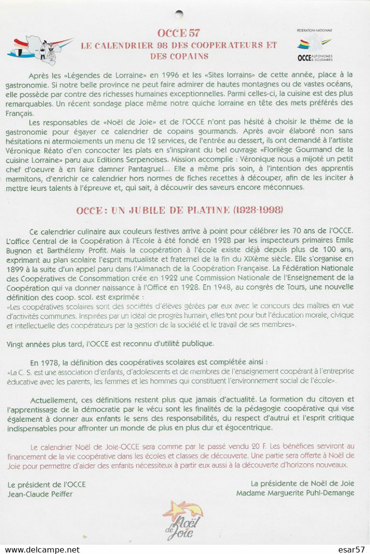 Calendrier 1998 OCCE 57  Les Recettes De Lorraine - Format A4 Détail Des 12 Recettes Dans Le Descriptif - Big : 1991-00