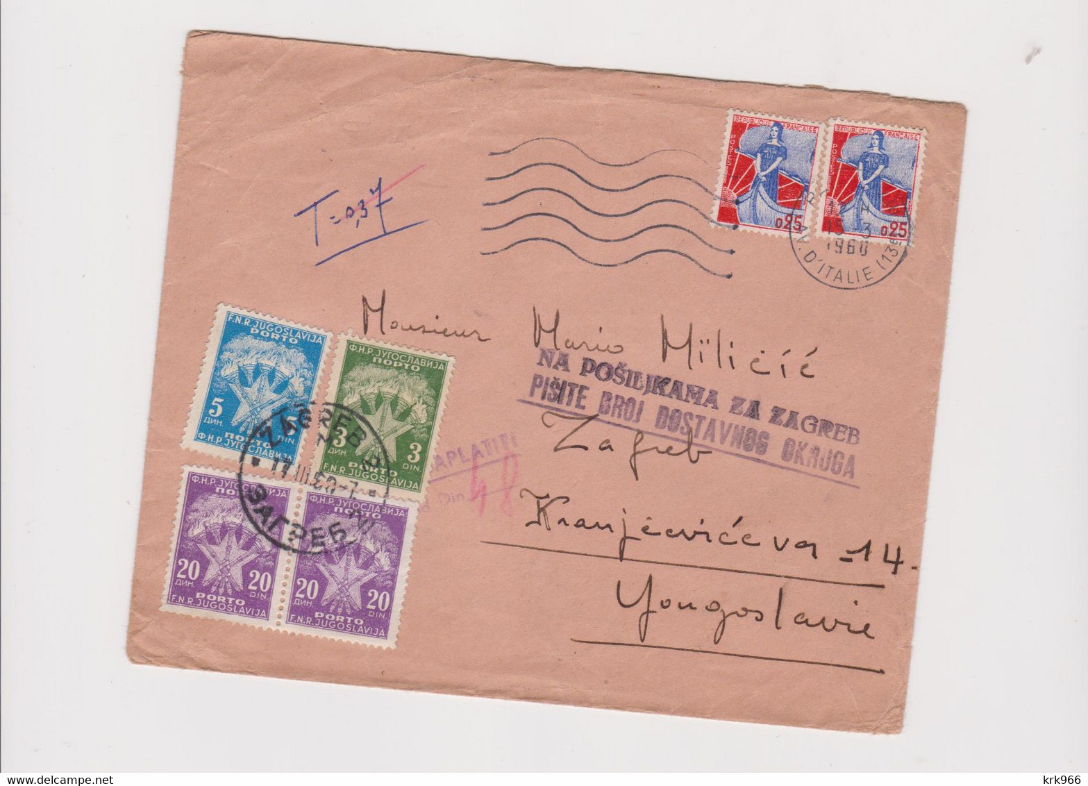 FRANCE 1960 Nice Cover To Yugoslavia Postage Due - Covers & Documents