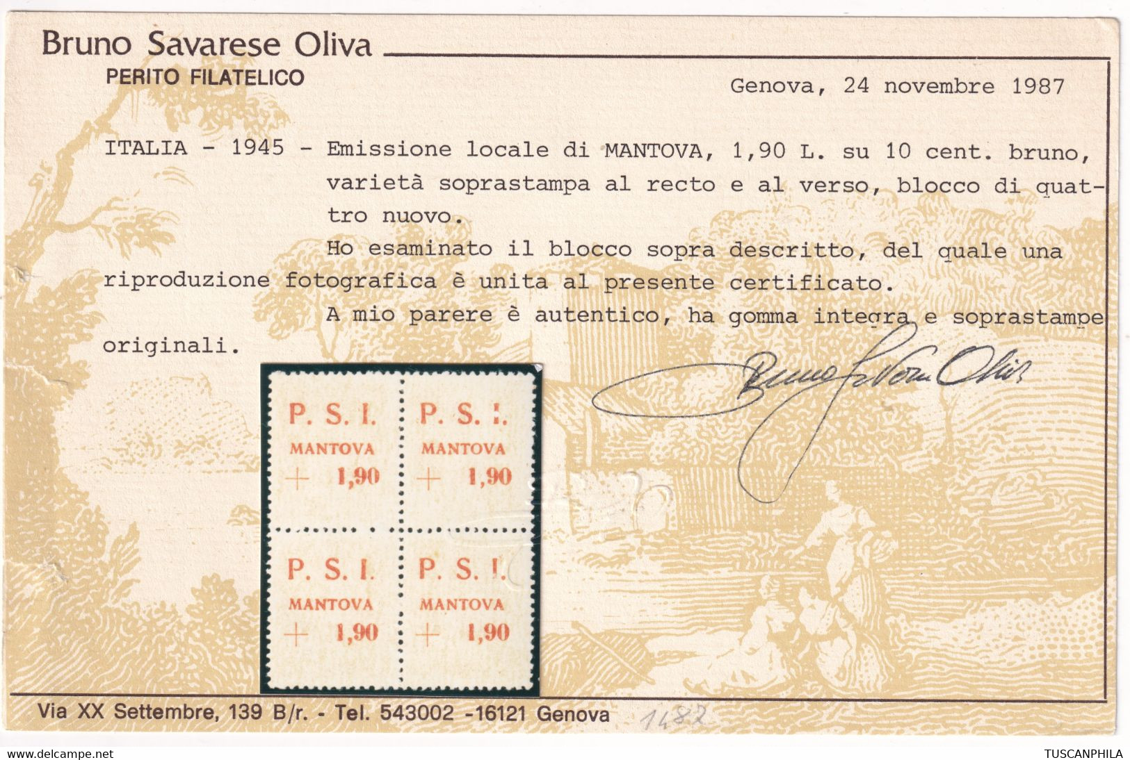 Regno D'Italia Emissioni Locali Mantova 1945 1.90 Su 10 C. Sass. 1aa Certificato MNH** Cv 6400 - National Liberation Committee (CLN)