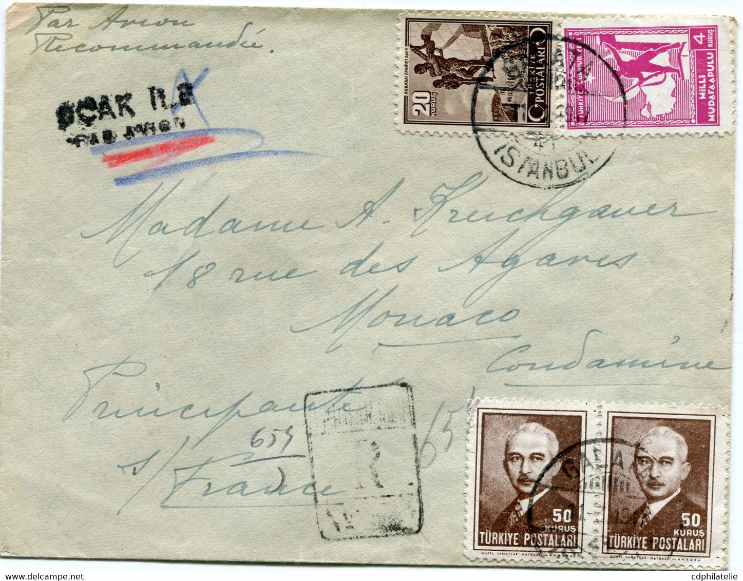 TURQUIE LETTRE RECOMMANDEE PAR AVION DEPART GALATA 11-3-1947 ISTAMBUL POUR MONACO - Storia Postale
