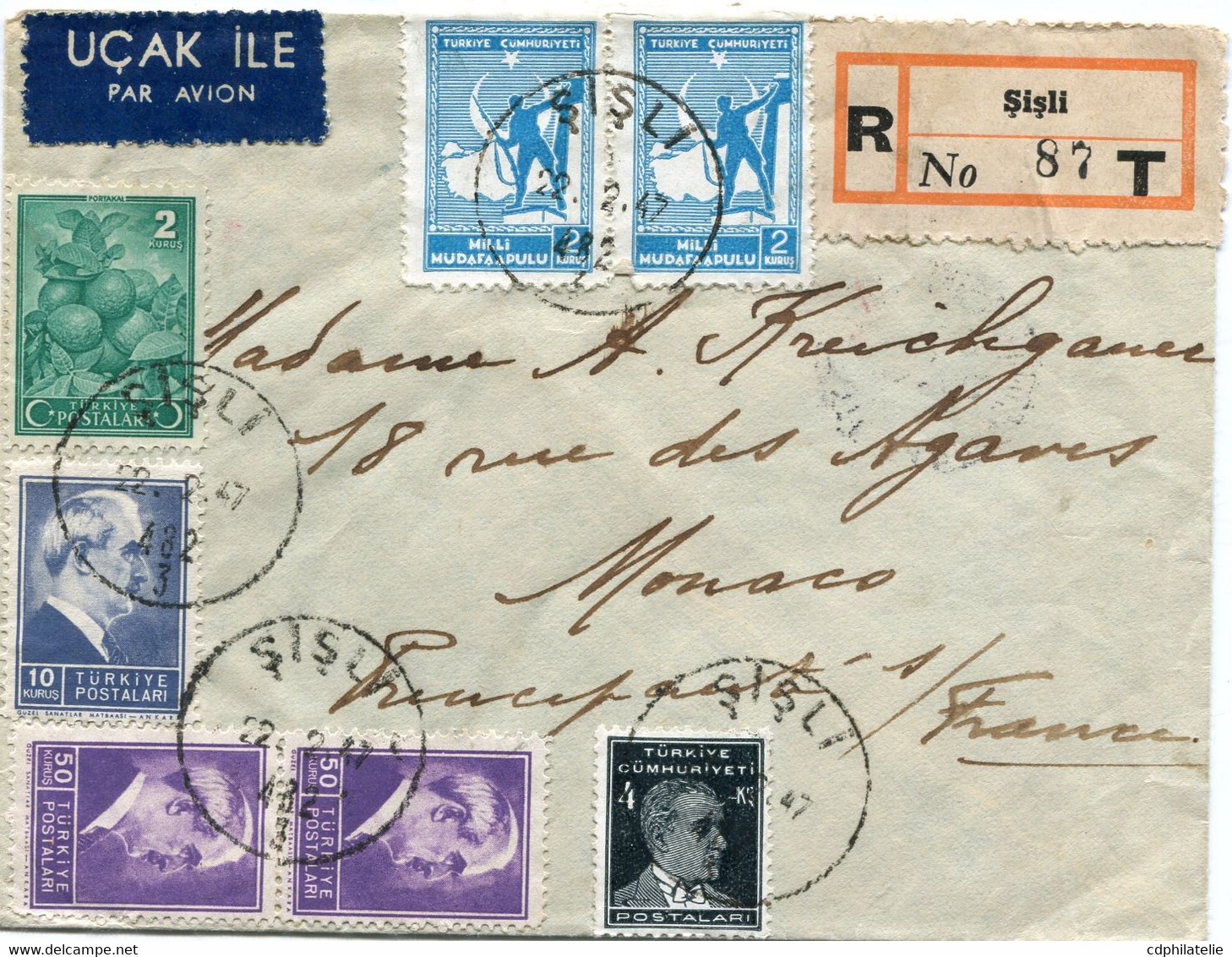 TURQUIE LETTRE RECOMMANDEE PAR AVION DEPART SILSI 22-2-47 POUR MONACO - Covers & Documents