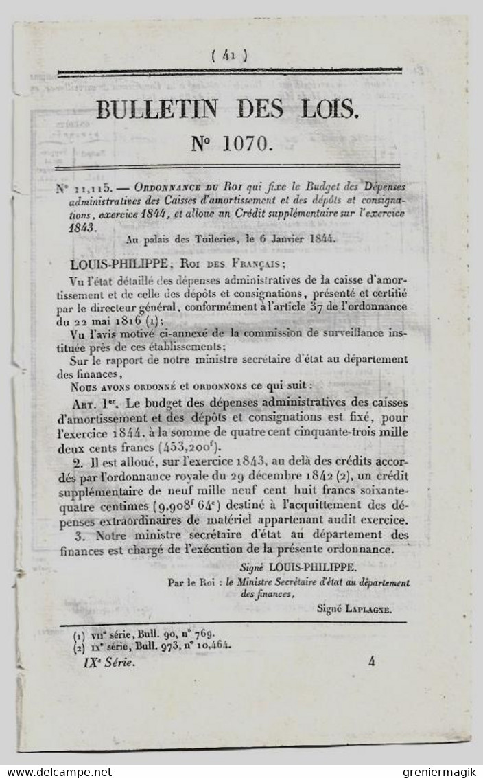 Bulletin Des Lois 1070 1844 Soeurs De La Charité à Beaufay (Sarthe)/Budget Des Dépenses Administratives Des Caisses... - Décrets & Lois