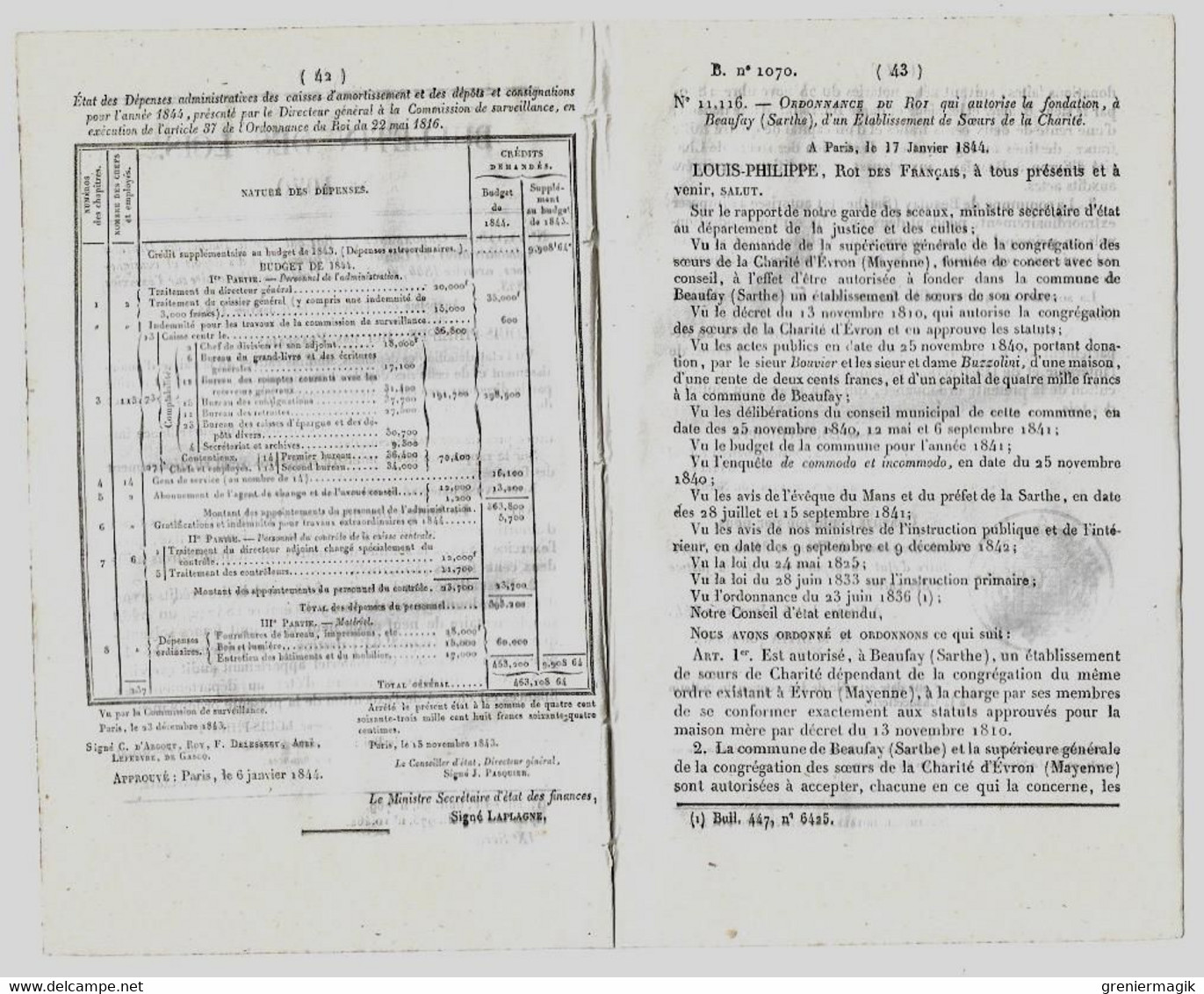 Bulletin Des Lois 1070 1844 Soeurs De La Charité à Beaufay (Sarthe)/Budget Des Dépenses Administratives Des Caisses... - Décrets & Lois