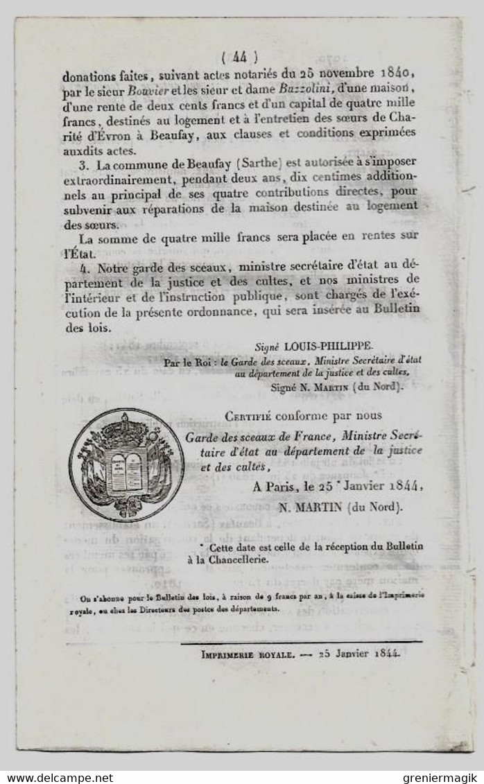 Bulletin Des Lois 1070 1844 Soeurs De La Charité à Beaufay (Sarthe)/Budget Des Dépenses Administratives Des Caisses... - Décrets & Lois
