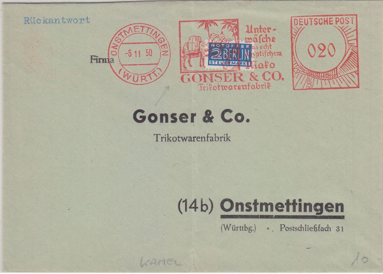 BRD - Onstmettingen 1950 20 Pfg. AFS Trikotwarenfabrik Gonser Brief/Rückantwort - Franking Machines (EMA)