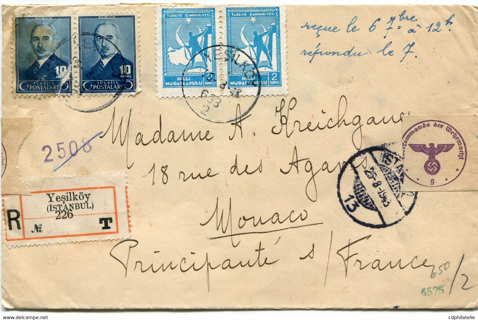 TURQUIE LETTRE RECOMMANDEE CENSUREE DEPART YESILKOY 15-8-43 POUR MONACO - Lettres & Documents