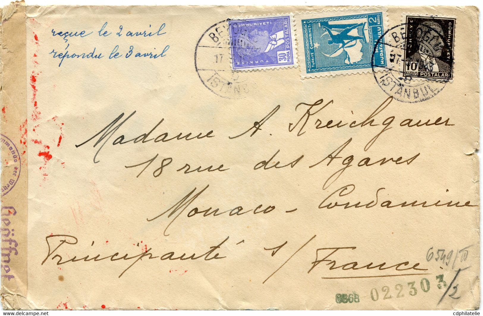 TURQUIE LETTRE CENSUREE DEPART BEYOGLU 17-3-1943 ISTAMBUL POUR MONACO - Briefe U. Dokumente