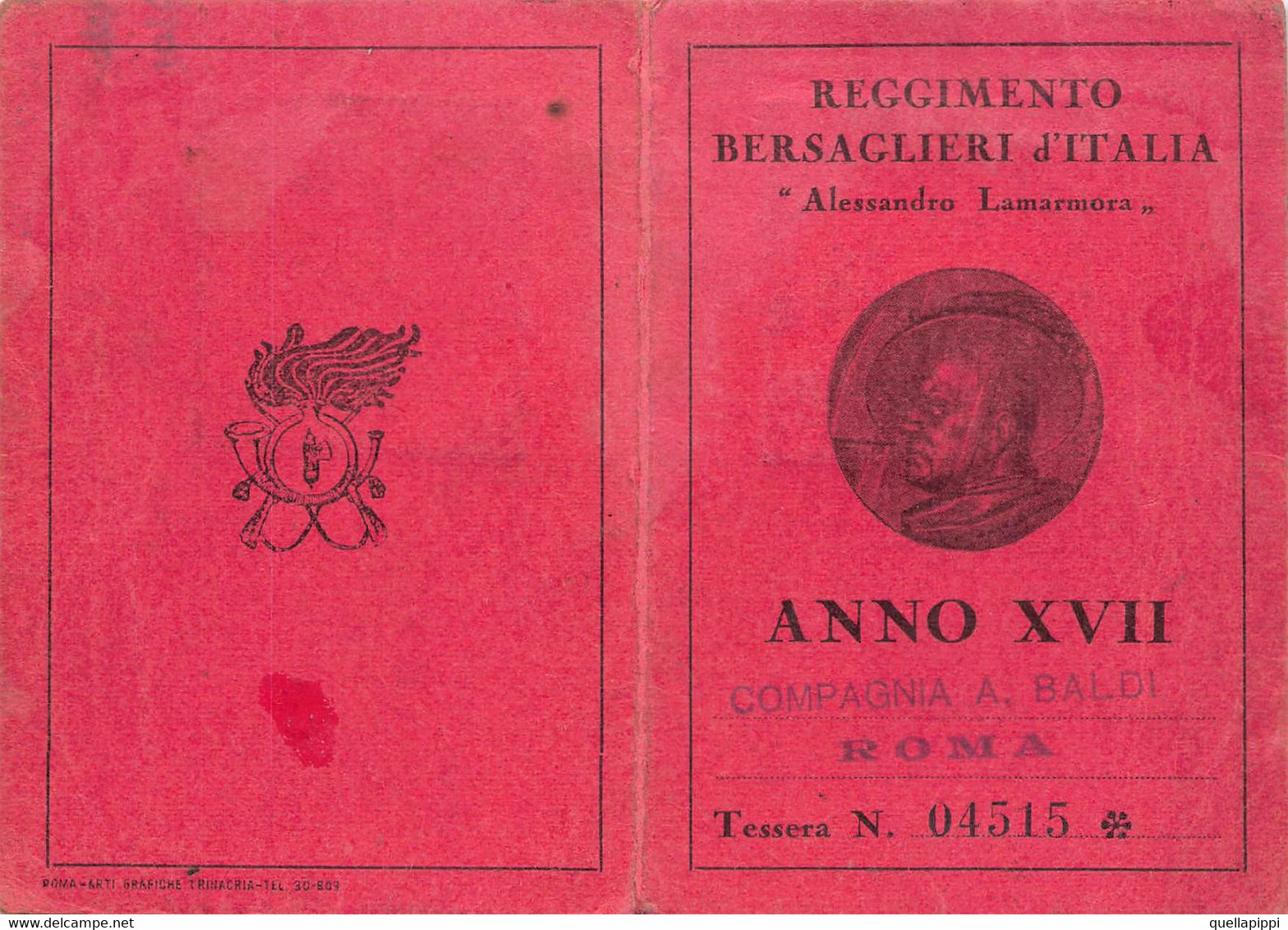 012946 "ROMA - REGGIMENTO BERSAGLIERI D'ITALIA-ALESSANDRO LAMARMORA-ANNO XVII - TESS. N.04515 - 1936" TESSERA PERS. - Historical Documents