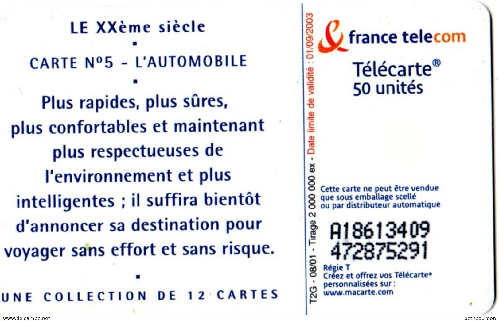 Télécartes 50 - France Telecom Carte N° 5 L'automobile - Année 2001 - Telecom Operators