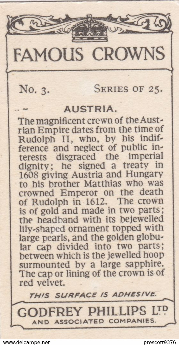 3 Austria - Famous Crowns 1938  -  Phillips Cigarette Card - Original - Royalty - Phillips / BDV