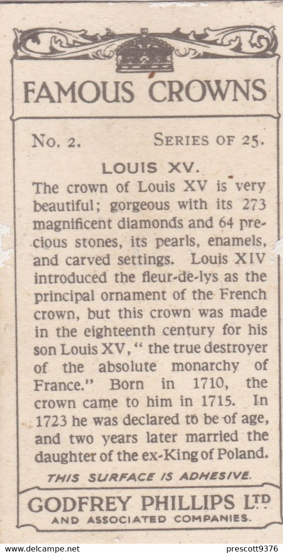 2 Louis XV - Famous Crowns 1938  -  Phillips Cigarette Card - Original - Royalty - Phillips / BDV