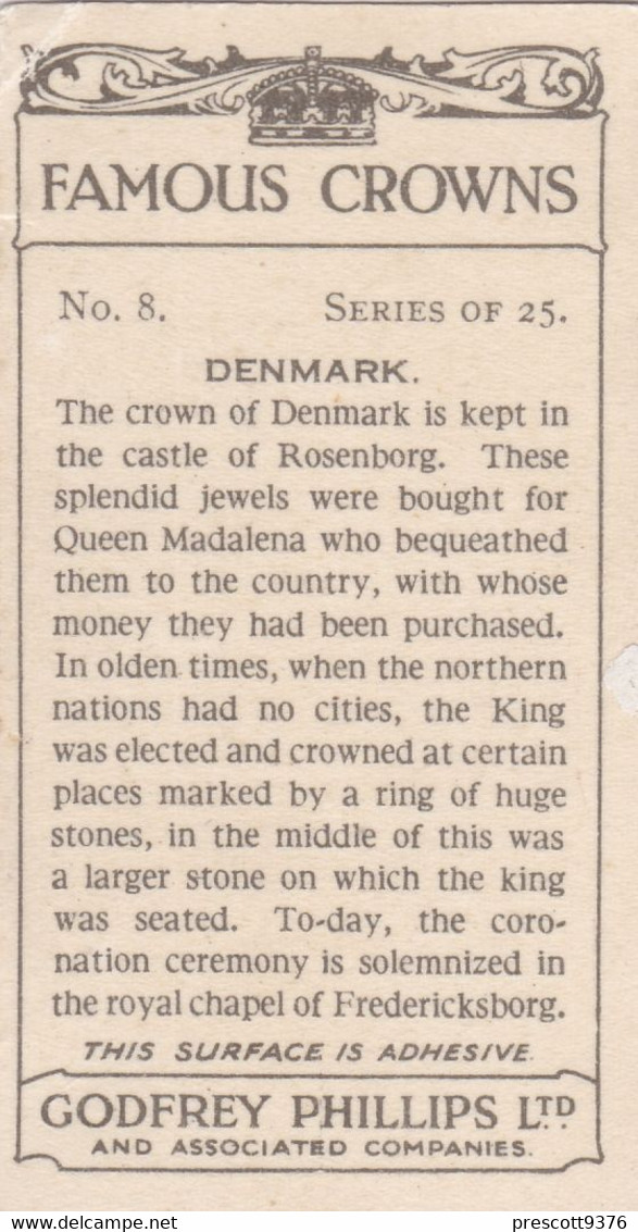 8 Denmark - Famous Crowns 1938  -  Phillips Cigarette Card - Original - Royalty - Phillips / BDV