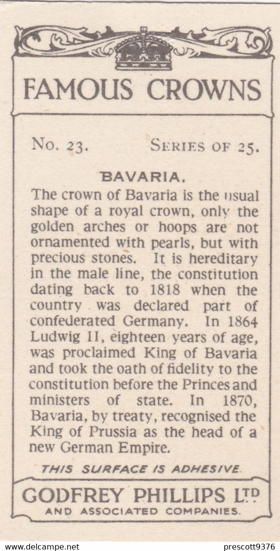 23 Bavaria - Famous Crowns 1938  -  Phillips Cigarette Card - Original - Royalty - Phillips / BDV