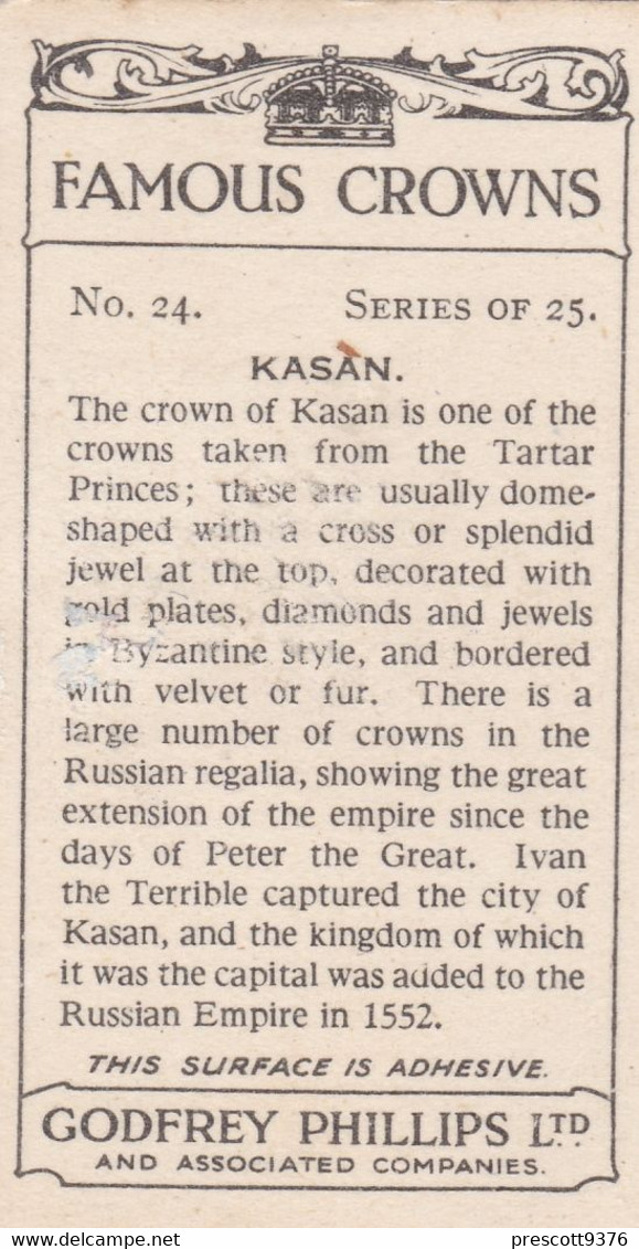 24 Kasan - Famous Crowns 1938  -  Phillips Cigarette Card - Original - Royalty - Phillips / BDV