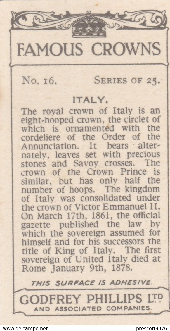 16 Italy  - Famous Crowns 1938  -  Phillips Cigarette Card - Original - Royalty - Phillips / BDV