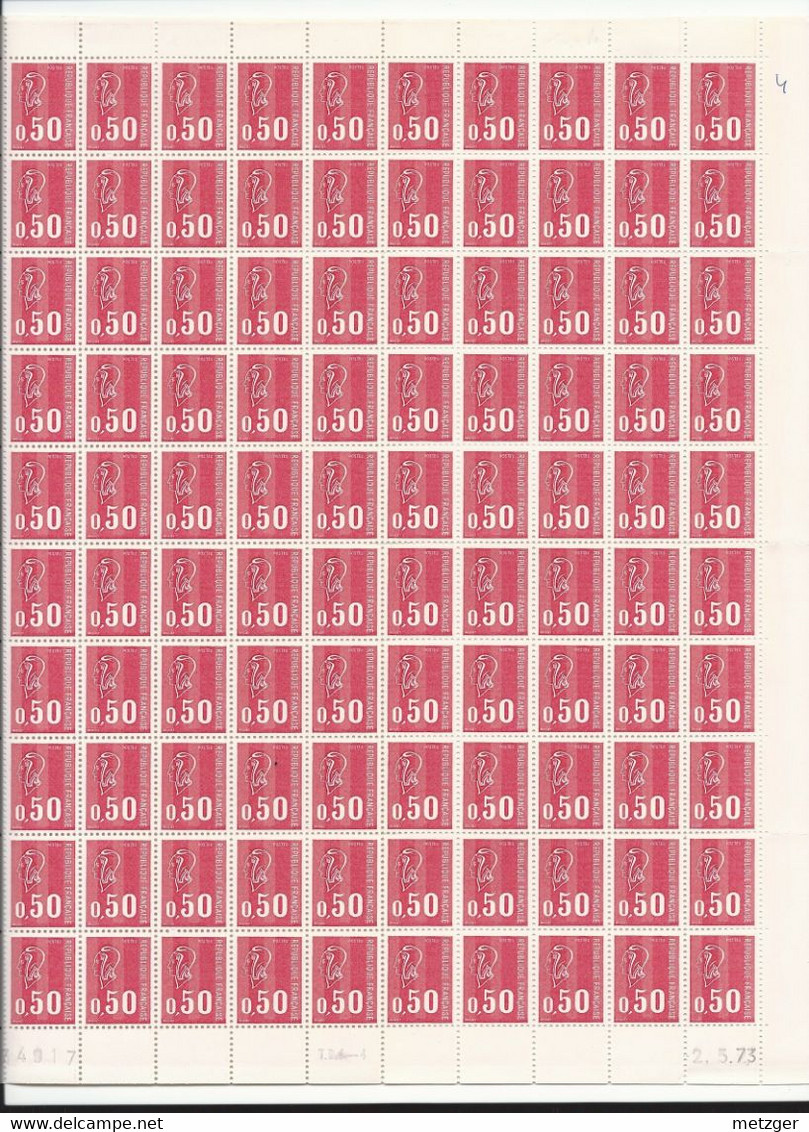 Feuille Complète De  100 Timbres Du  N° 1664d Marianne De Béquet 50c Rouge Gomme Tropicale 3 Bandes De Phosphore . - Volledige Vellen