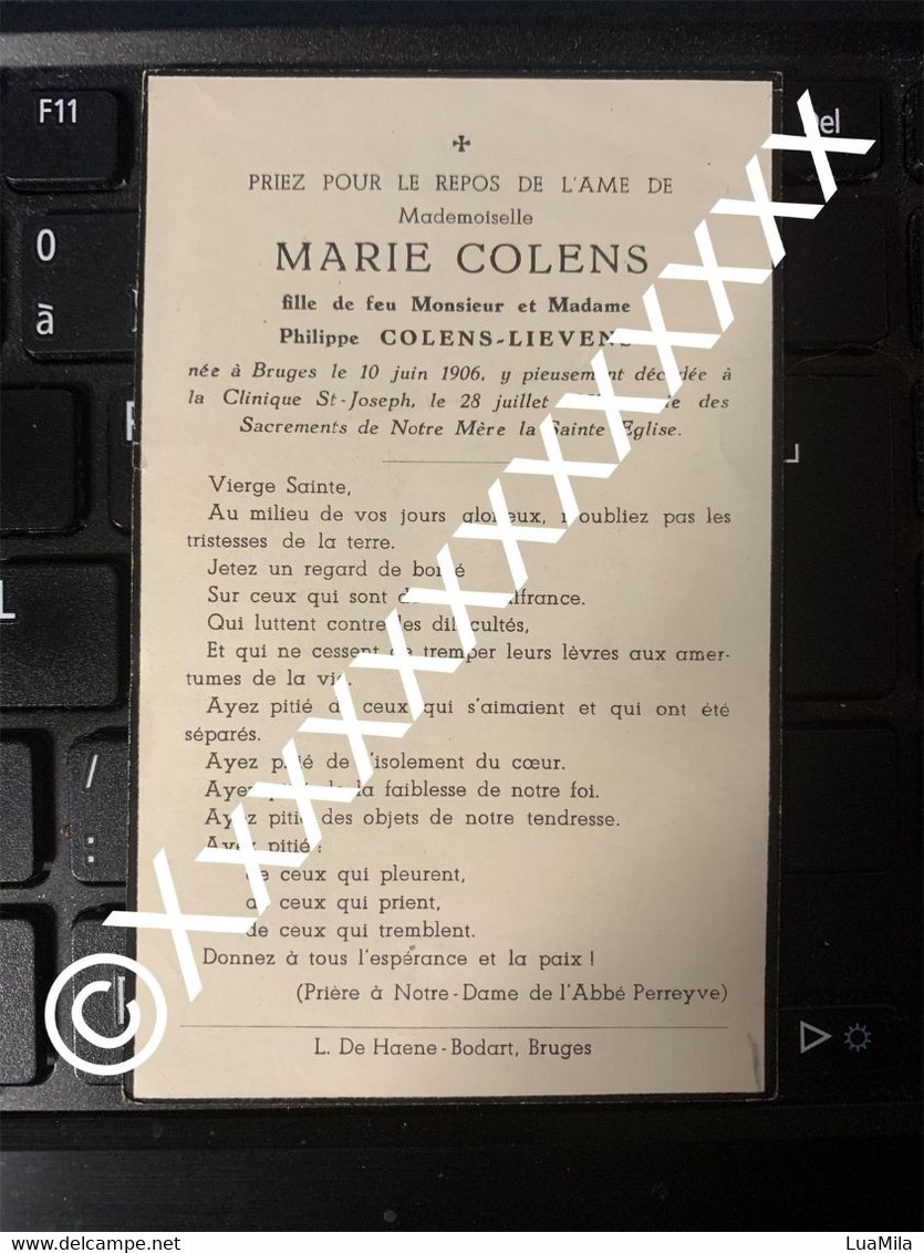 [V] Colens Marie Lievens Philippe Brugge Bruges 1906 1959 - Todesanzeige