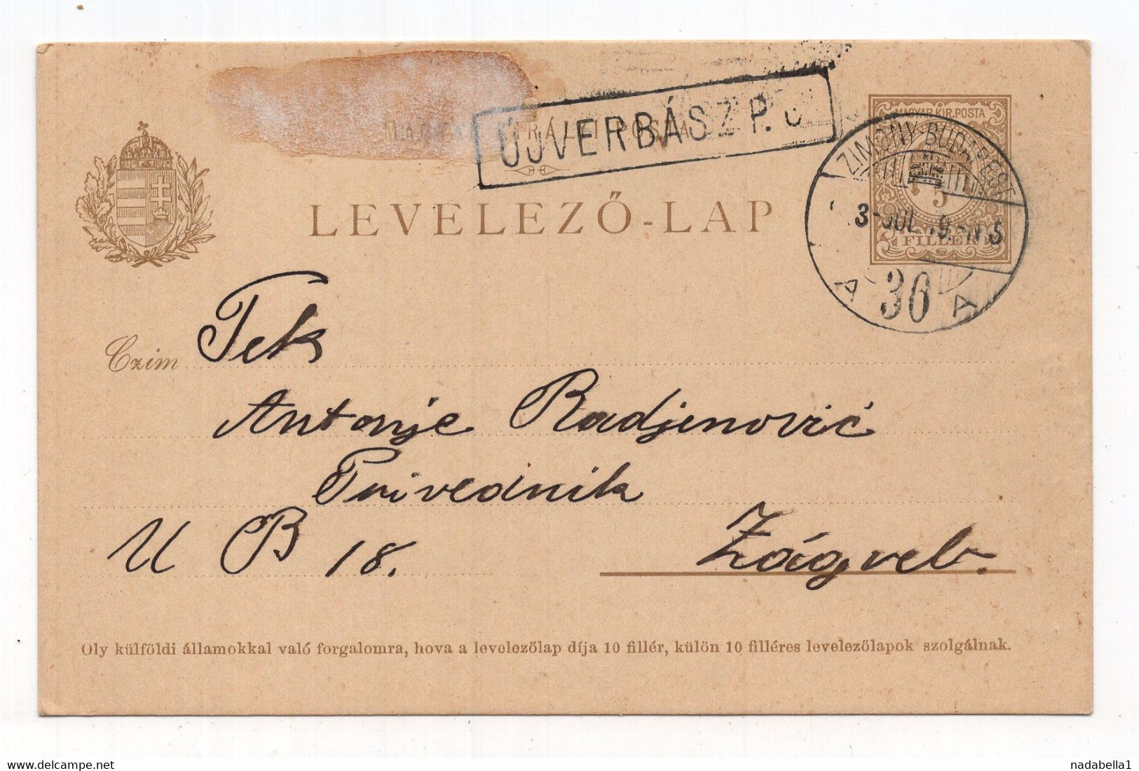 1909. HUNGARY,STATIONERY CARD,TPO 36 ZEMUN - BUDAPEST,USED FROM VRBAS TO ZAGREB - Interi Postali