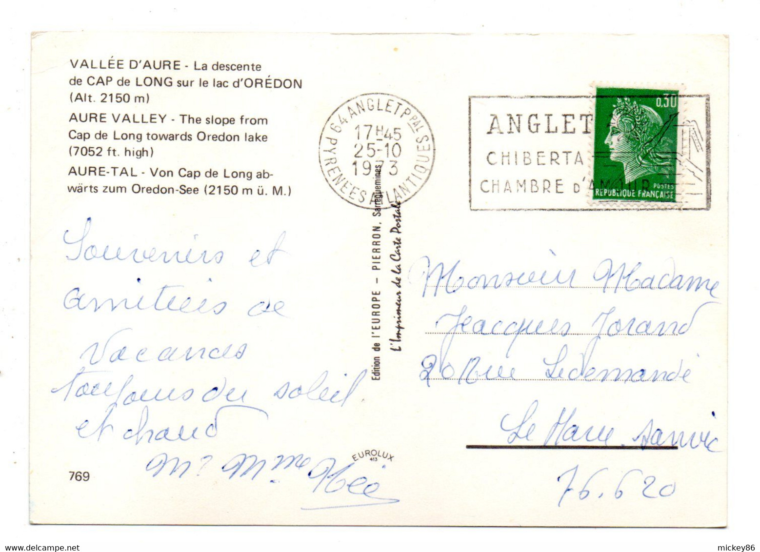ARAGNOUET --1973-- Vallée D'Aure--De Cap De Long  Sur Lac D'Orédon...( Autocar) Cachet ANGLET-64........à Saisir - Aragnouet