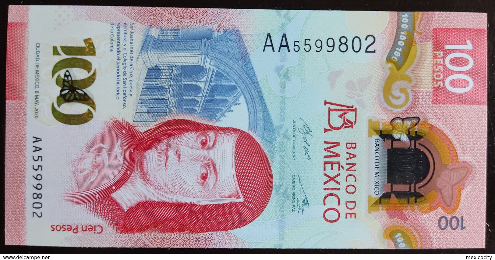 MEXICO 2020 $100 SOR JUANA POLYMER NOTE + SERIES AA 5599802 + Sells For $160 USD In The U.S.+ Mint Crisp Note - Mexique