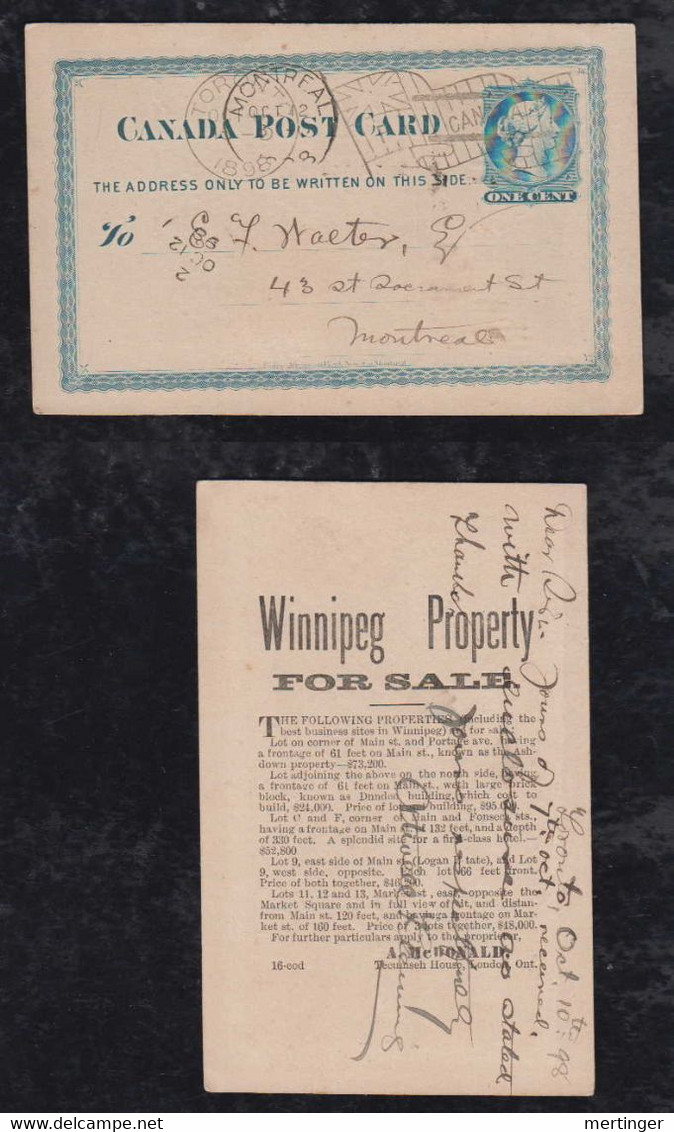 Canada 1898 Stationery Postcard TORONTO To MONTREAL Flag Postmark Private Imprint Winnipeg Property - Brieven En Documenten