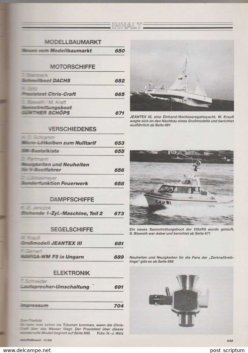 Revue - Schiff - Schiffs Modell  Nov 1992 - Grossmodell Jeantex III - Praxistest Chri-Craft - Cars & Transportation