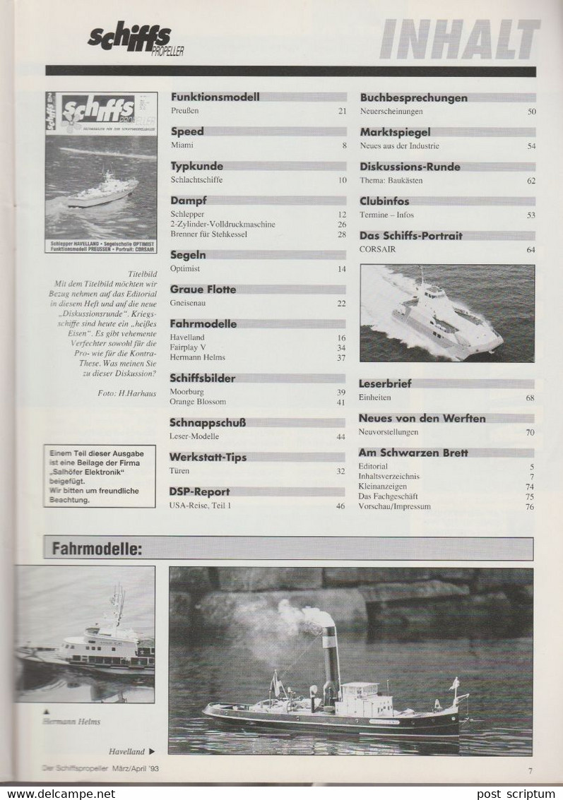 Revue - Schiff - Schiffs Propeller Fachmagazin Für Die Schiffsmodellbauer MA 1993 -Schlepper Havelland +  Optimist - Automobile & Transport