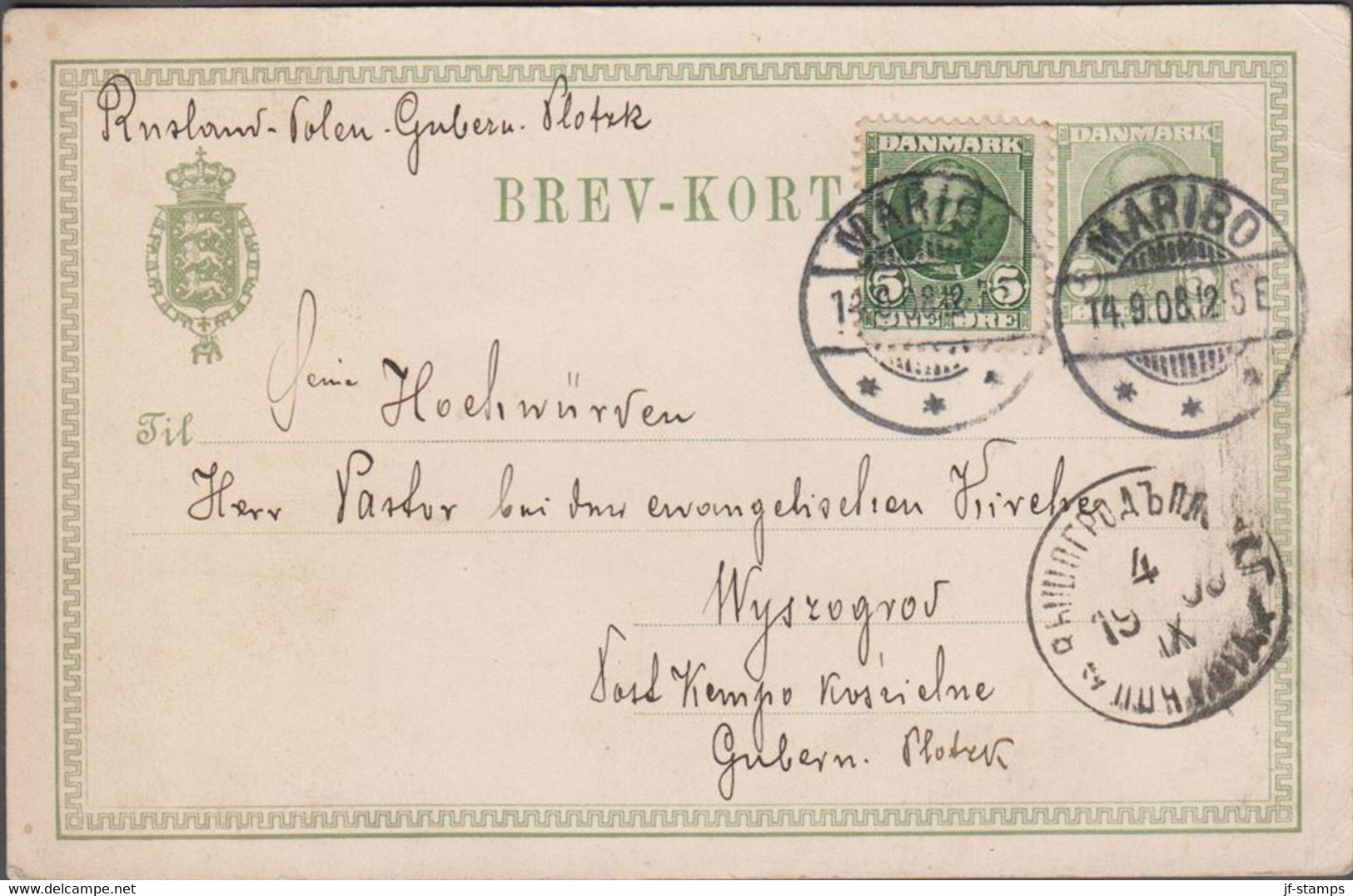 1908. DANMARK. BREVKORT 5 ØRE Frederik VIII + 5 øre Stamp Cancelled In MARIBO 14.9.08... () - JF424619 - Storia Postale