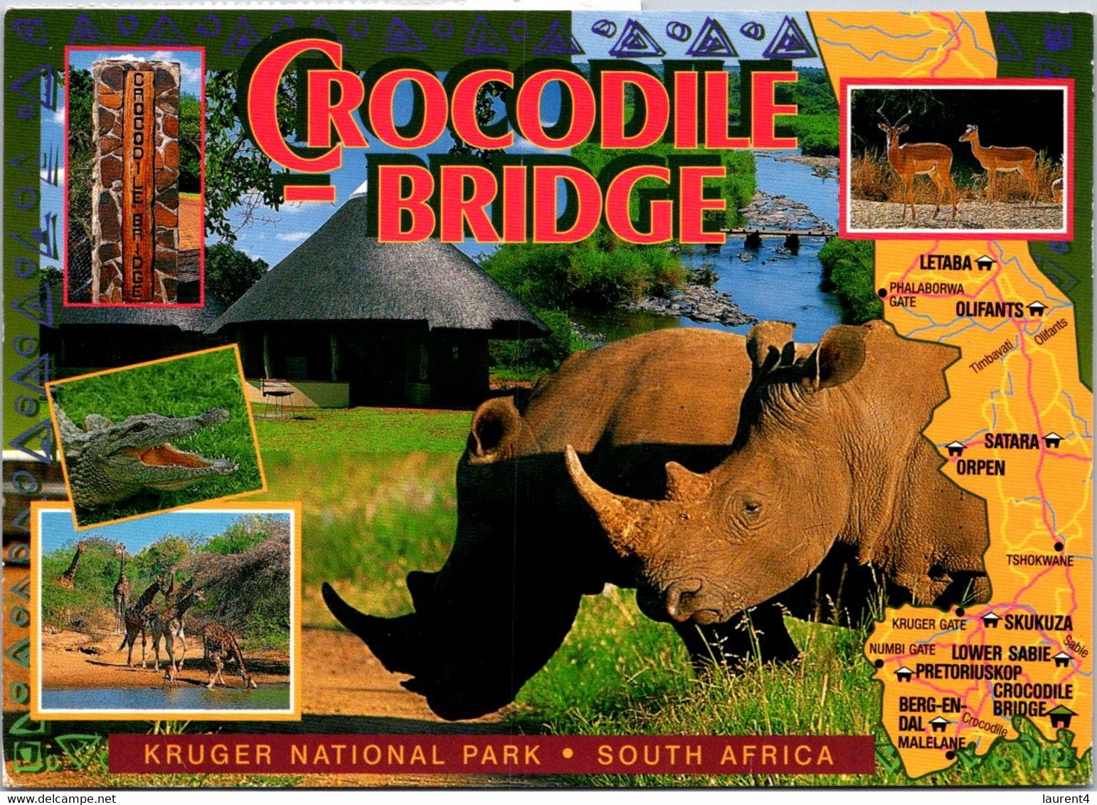 (2 A 14) South Africa Postcard Posted To Australia (with Sweden Stamps) CROCODILE Bridge (with Rhinoceros) & Map - Rhinoceros