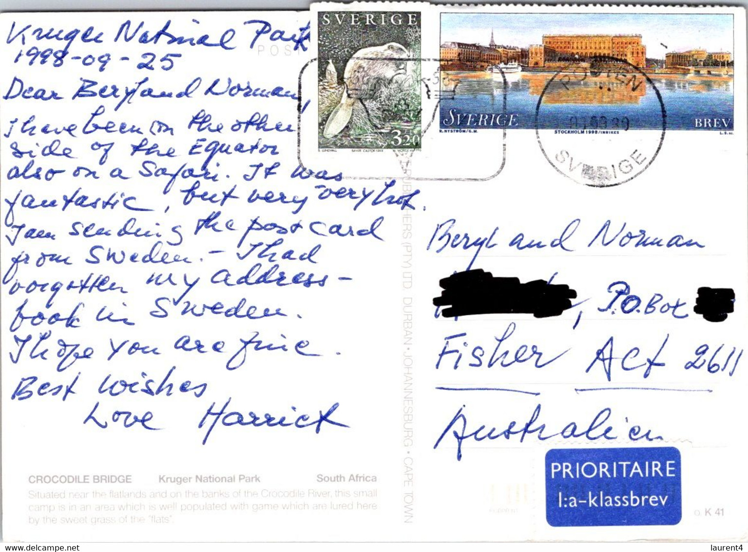 (2 A 14) South Africa Postcard Posted To Australia (with Sweden Stamps) CROCODILE Bridge (with Rhinoceros) & Map - Rhinoceros