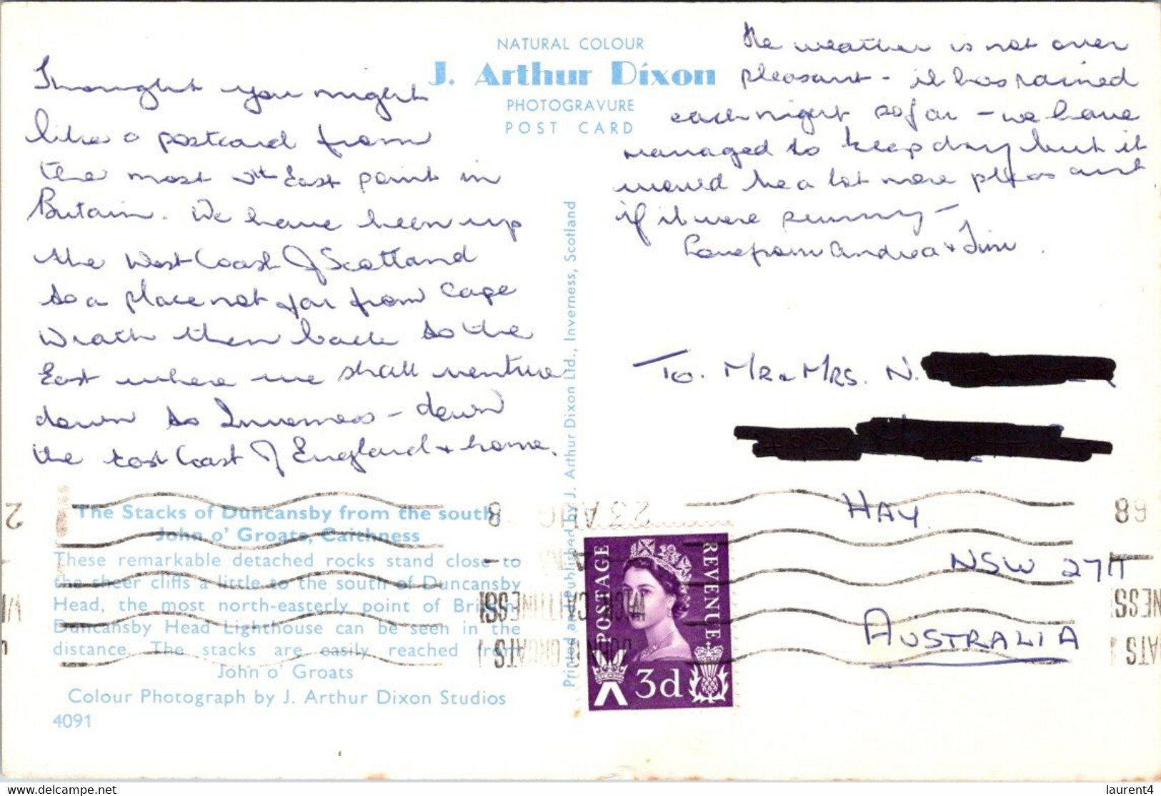 (2 A 14) UK Postcard Posted To Australia - Stacks Of Duncansby (John O'Groats) - Caithness