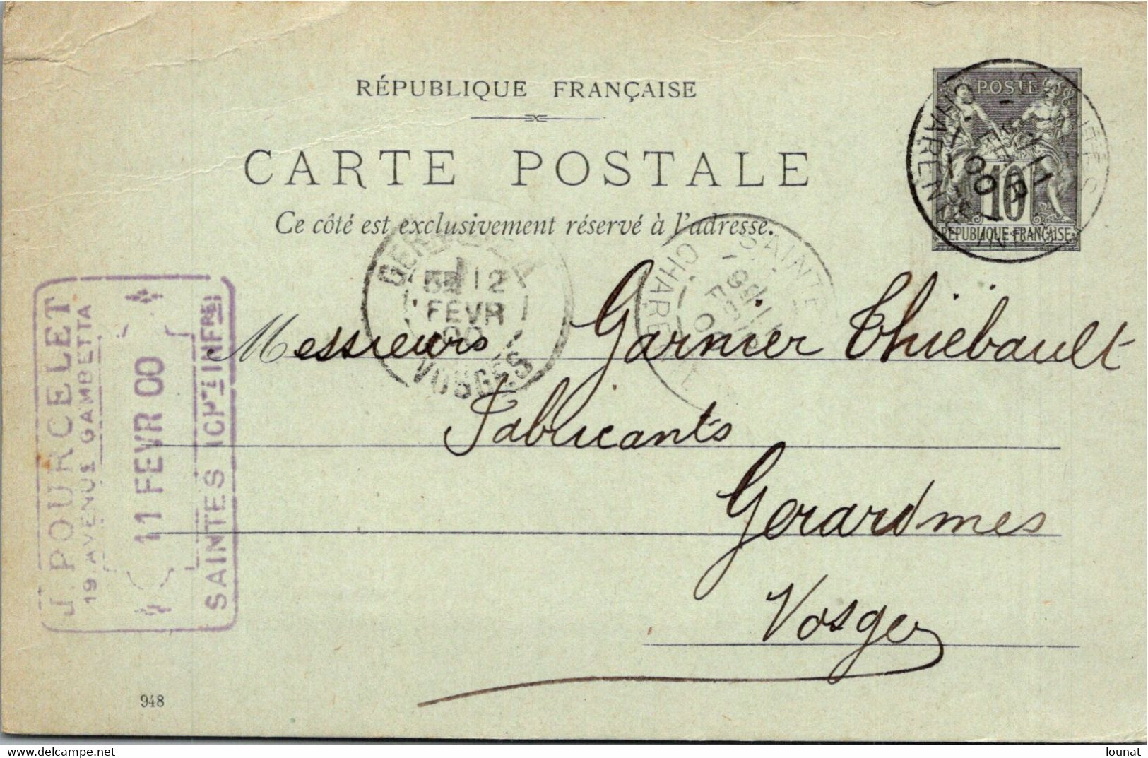 17 SAINTES - Pourcelet J - Entiers Postaux Année 1900 - Saintes