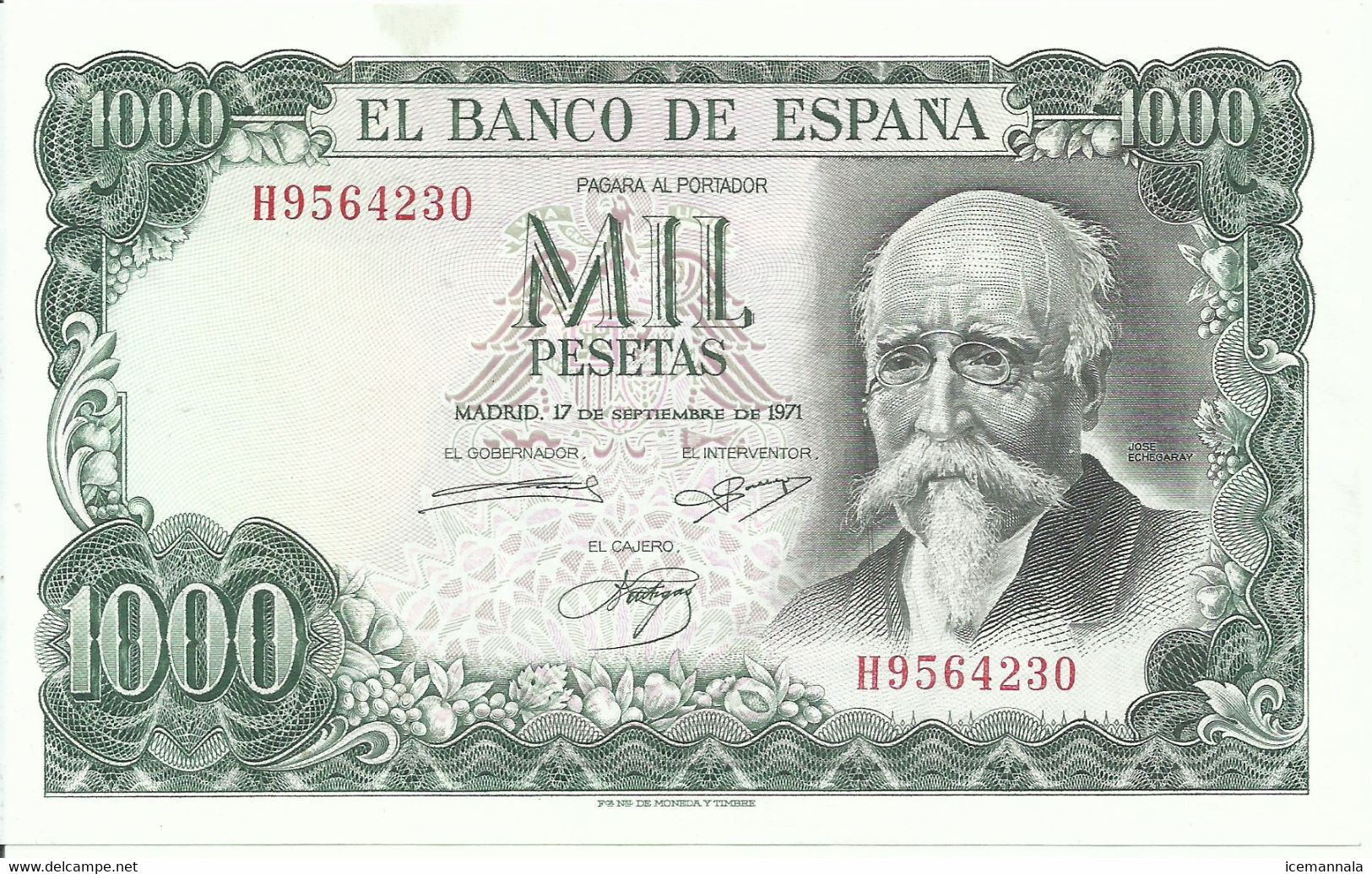 BILLETE 1000 PESETAS, EMISION  17/9/1971   (EBC)  ( PEQUEÑA MANCHA SUPERIOR) - 1000 Pesetas