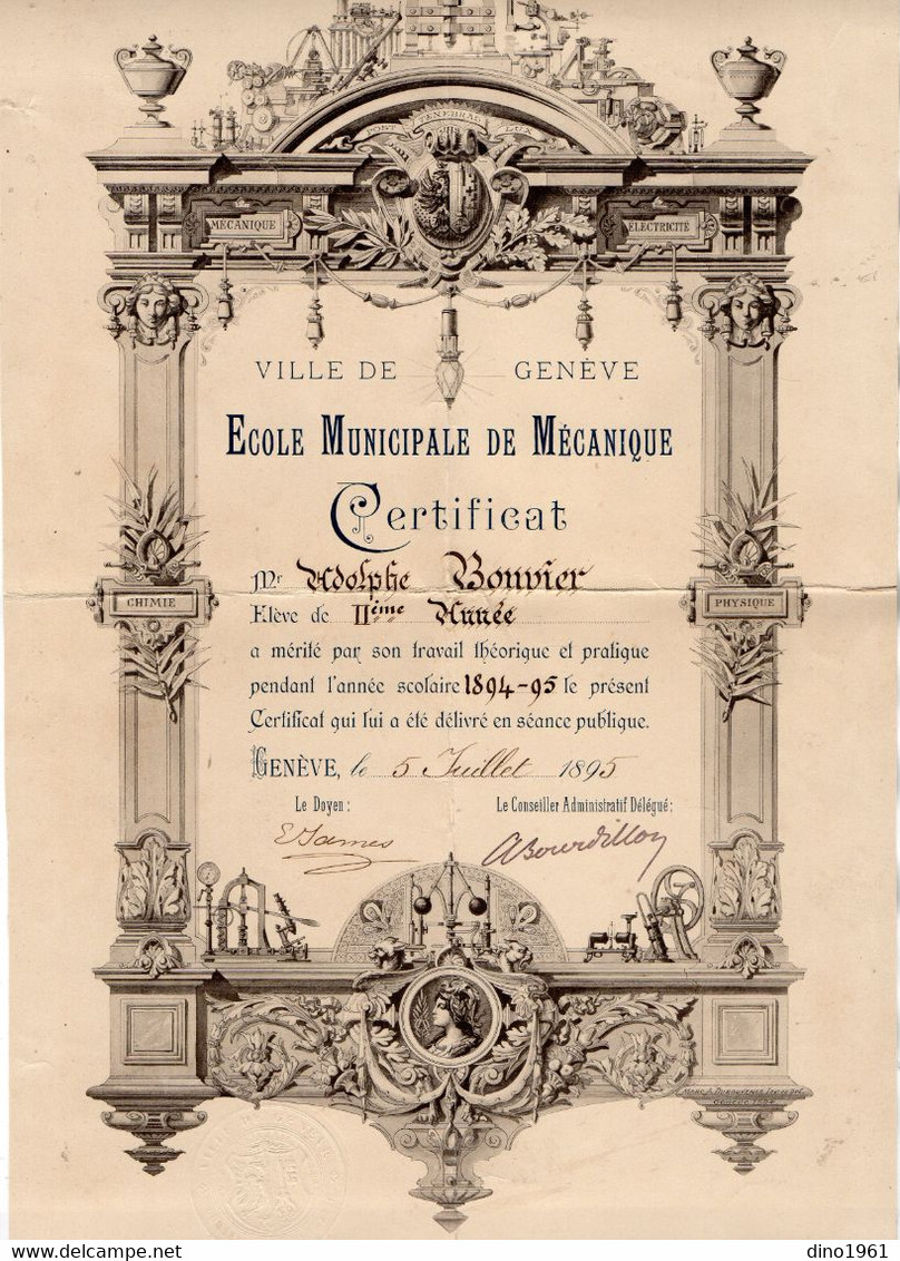 VP18.222 - Suisse - Ville De GENEVE 1895 - Ecole Municipale De Mécanique / Certificat ( Lampe ) - Mr Adolphe BONVIER - Diploma's En Schoolrapporten