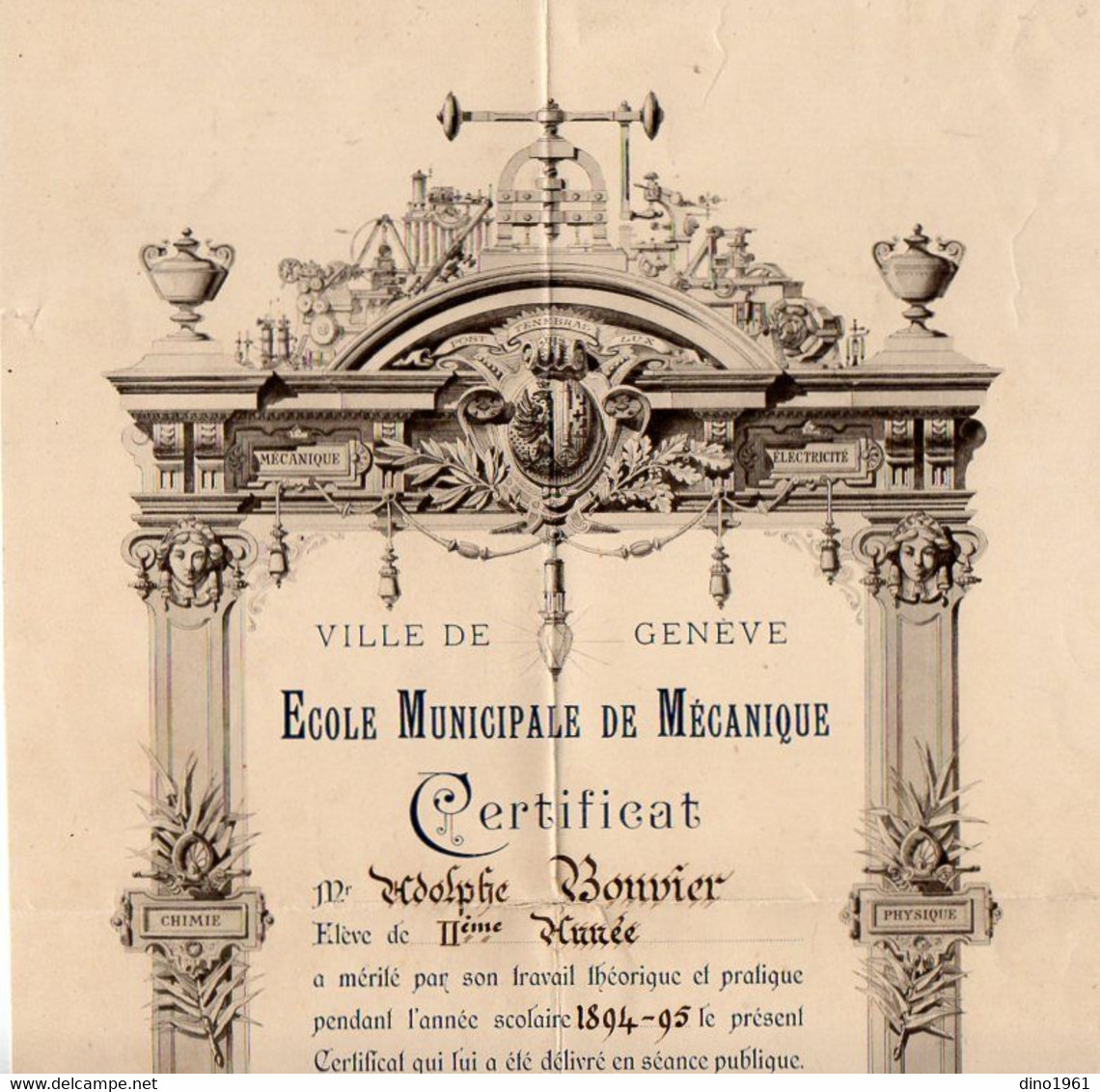 VP18.222 - Suisse - Ville De GENEVE 1895 - Ecole Municipale De Mécanique / Certificat ( Lampe ) - Mr Adolphe BONVIER - Diploma's En Schoolrapporten