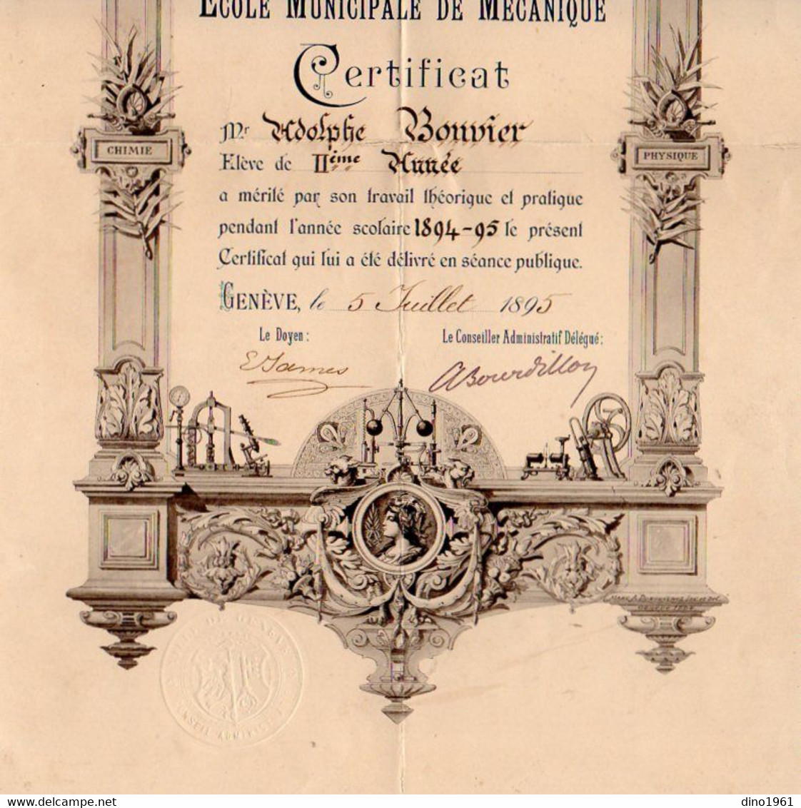 VP18.222 - Suisse - Ville De GENEVE 1895 - Ecole Municipale De Mécanique / Certificat ( Lampe ) - Mr Adolphe BONVIER - Diploma's En Schoolrapporten
