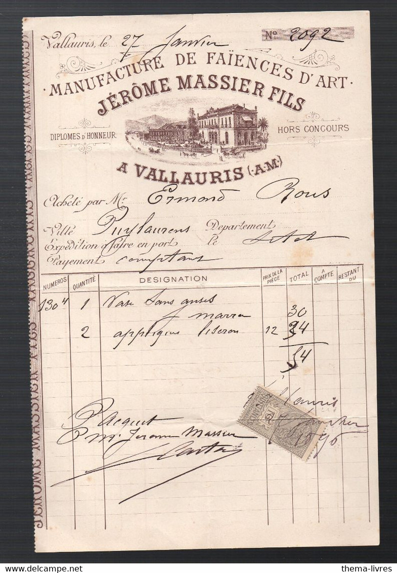 Vallauris (06 Alpes Maritimes)  Facture 1896 JEROME MASSIER  Faïences D'art , Avec Timbre Fiscal  (PPP31643) - 1800 – 1899