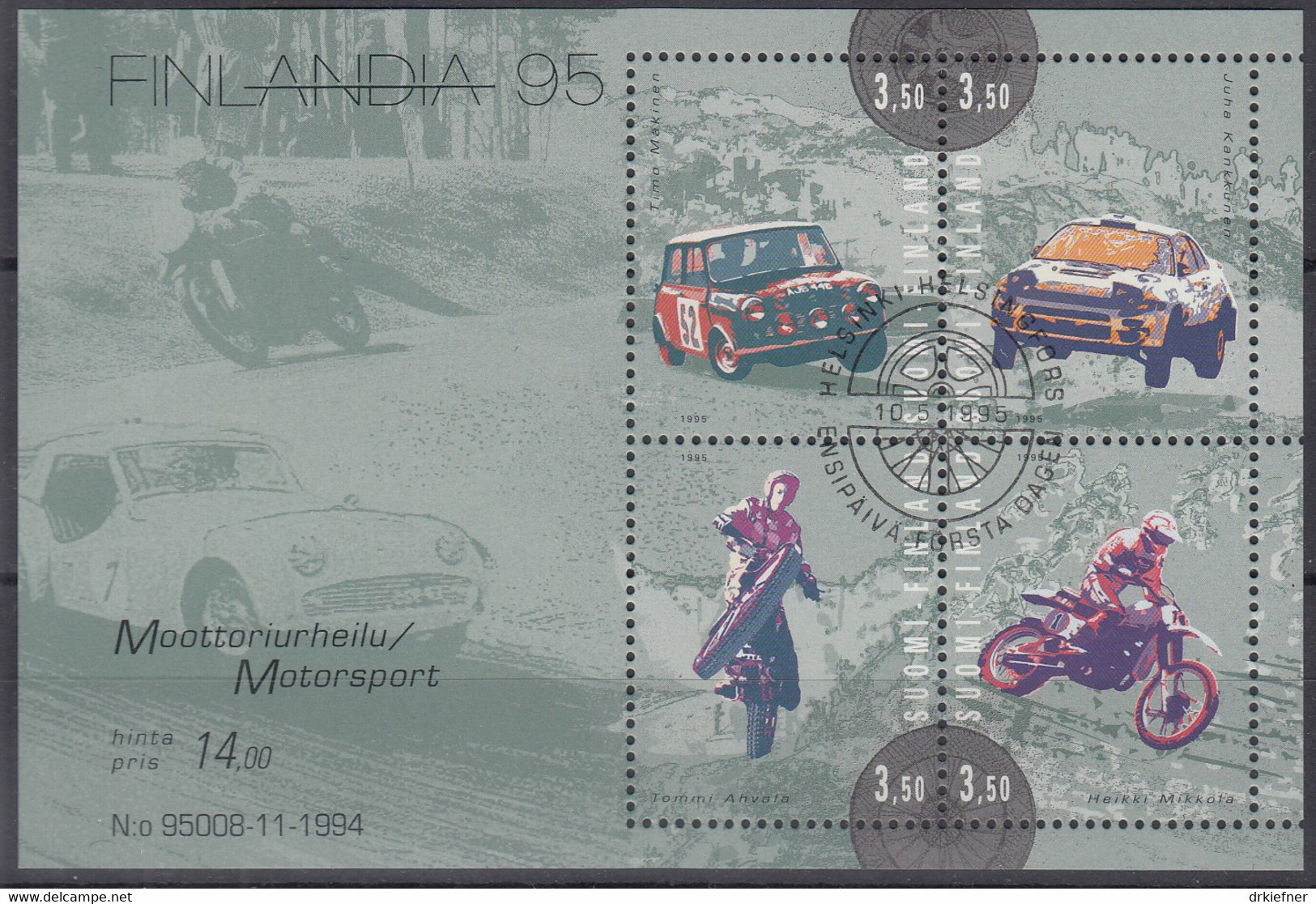 FINNLAND  Block 16, Gestempelt, Internationale Briefmarkenausstellung FINLANDIA ’95, Helsinki (I): Motorsport, 1995 - Blocks & Kleinbögen