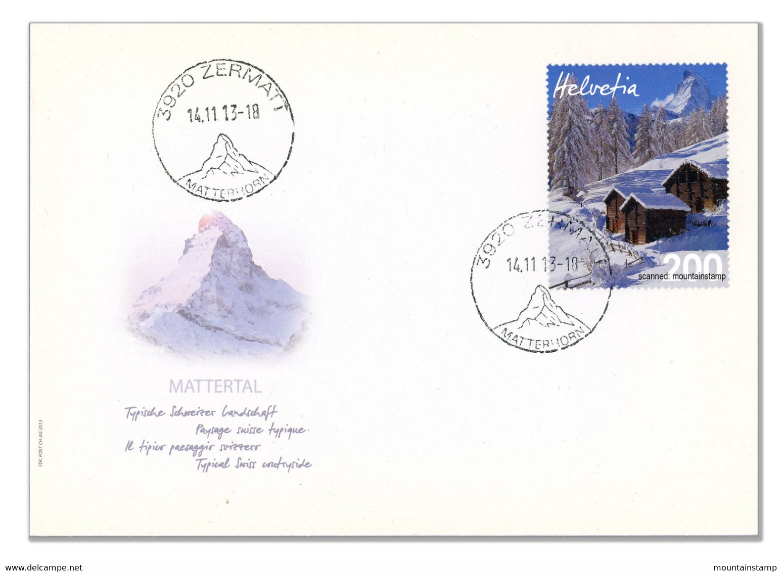 Switzerland 2013 (Box 1) Mattertal Mountains Matterhorn FDC Postmark Zermatt Post Office - Lettres & Documents