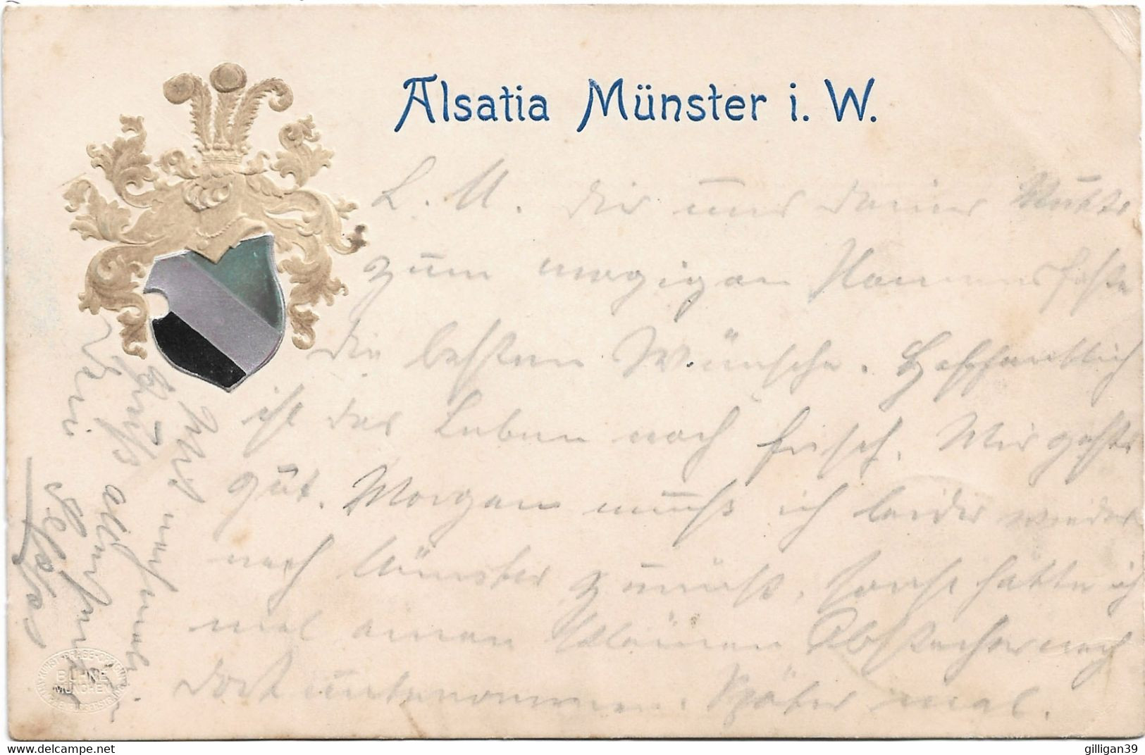 Münster I.W., Alsatia - Studentika, Wappenkarte, Prägekarte, Poststempel Unleserlich - Muenster