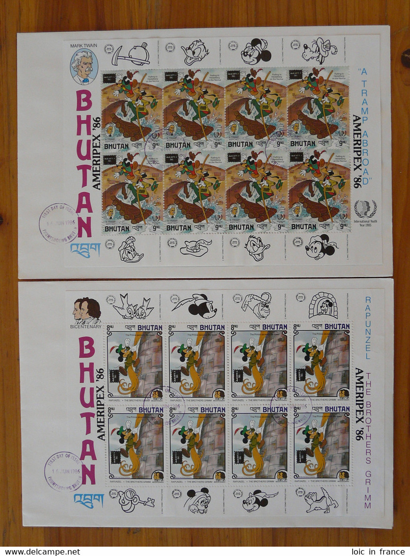 FDC (x2) Disney Mark Twain Grimm Mickey Bloc Miniature Sheet Bhutan Ameripex 1986 - Disney