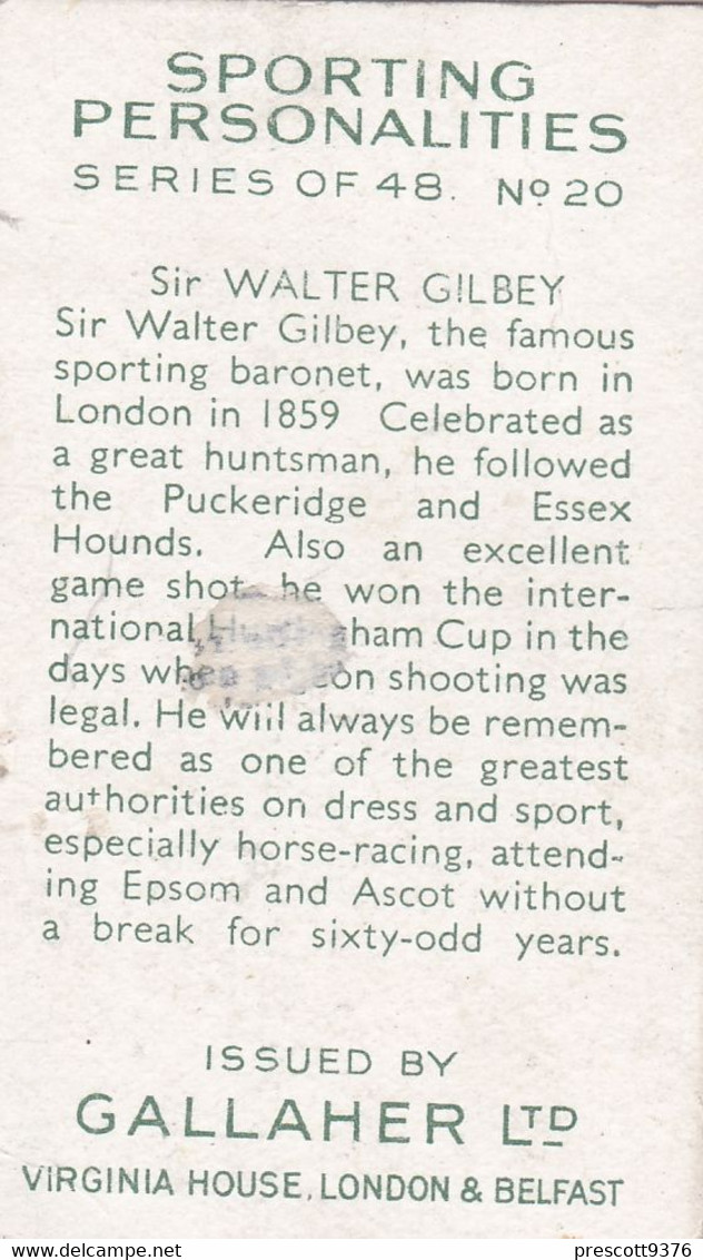 20 Sir Walter Gilbey  - Sporting Personalities 1936 - Gallaher Cigarette Card - Original - Sport - Horse Racing - Gallaher