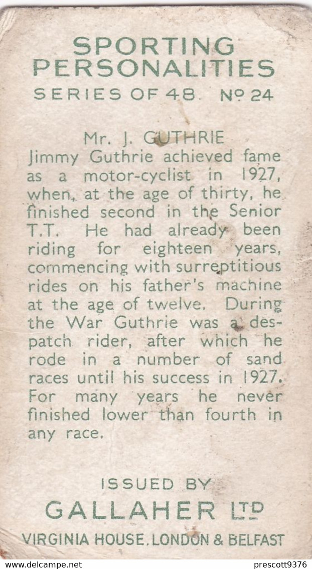 24 Jimmy Guthrie - Sporting Personalities 1936 - Gallaher Cigarette Card - Original - Sport - Motor Cycling - Gallaher