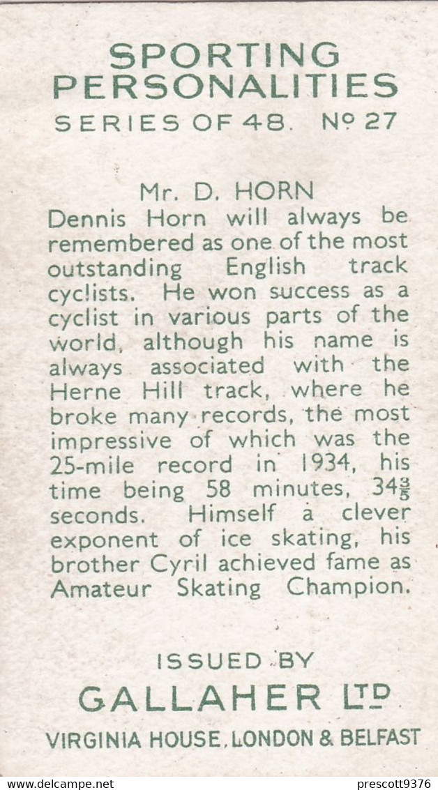 27 Dennis Horn - Sporting Personalities 1936 - Gallaher Cigarette Card - Original - Sport -  Cycling - Gallaher